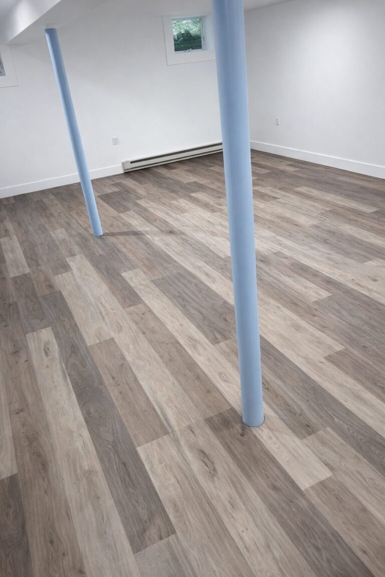 A finished basement in Bergen County, NJ, featuring waterproof luxury vinyl plank (LVP) flooring in a multi-tonal oak finish, professionally installed by Precision Hardwood Flooring.