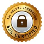 SSL secure connection certified stamp label sticker vector isolated design in golden and silver padlock logo
